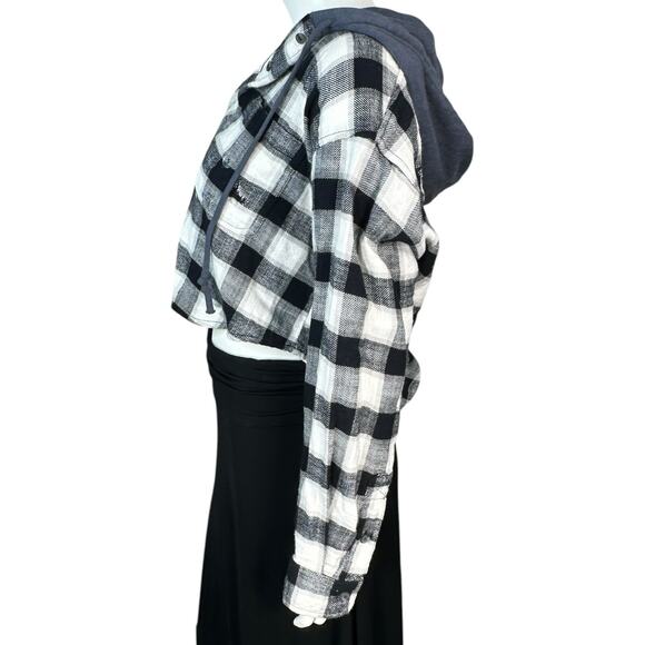 American Eagle Plaid Flannel Shirt Top Hoodie Womens Size Small Cropped - Picture 2 of 12